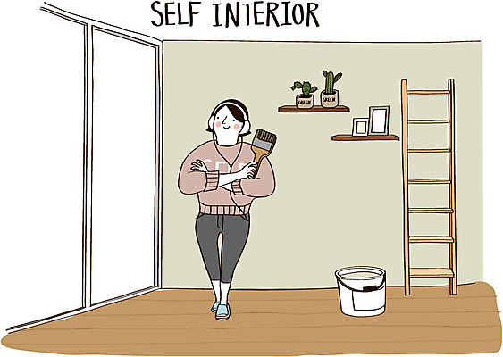 여자 화분 액자 일러스트 사다리 창문 선반 선인장 실내 한명 성인 인테리어 헤드셋 페인트 페인트통 페인트붓 DIY 셀프 셀프인테리어 자급자족라이프 국내일러스트 AI파일 식물 1 라이프스타일 디자인 음향기기 가구 통 사람 취미 내부 헤드폰 도구 붓 파일형식 벡터