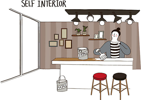 여자 화분 가구 액자 의자 일러스트 탁자 조명 선반 실내 한명 성인 인테리어 페인트 페인트칠 페인트통 페인트붓 DIY 셀프 셀프인테리어 자급자족라이프 국내일러스트 AI파일 1 라이프스타일 디자인 생활용품 페인팅 통 사람 취미 내부 붓 파일형식 벡터