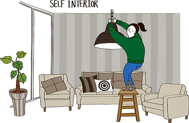 여자 화분 가구 쿠션 일러스트 사다리 조명 실내 한명 성인 인테리어 소파 DIY 셀프 셀프인테리어 자급자족라이프 국내일러스트 AI파일 1 라이프스타일 디자인 생활용품 의자 사람 취미 내부 도구 파일형식 벡터