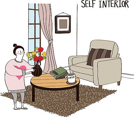 여자 화분 가구 액자 쿠션 일러스트 창문 탁자 실내 한명 성인 책 인테리어 소파 카펫 커튼 커피잔 DIY 셀프 셀프인테리어 자급자족라이프 국내일러스트 AI파일 1 라이프스타일 디자인 커피 생활용품 의자 잔 사람 취미 내부 파일형식 벡터