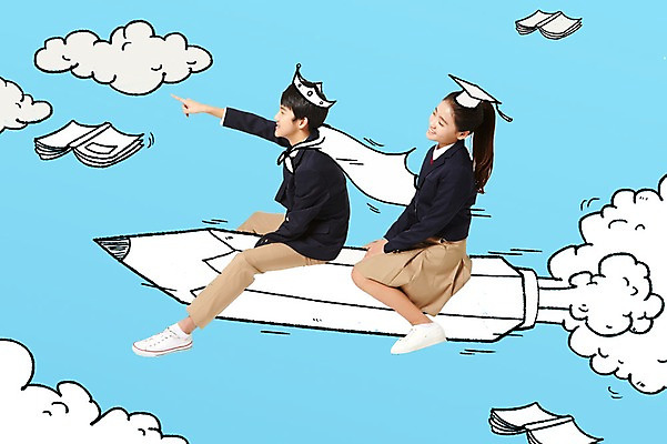 PSD 구름 편집 편집이미지 학생 여자 교육 남자 교복 학사모 중학생 청소년 포토일러 왕관 두명 책 연필 한국인 로켓 망토 합성 이미지편집 자연요소 모자_잡화 옷 졸업 학용품 사람 동양인 필기구 파일형식