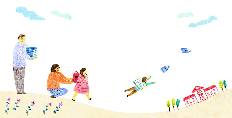 PSD 나무 구름 여자 남자 꽃 어린이 일러스트 학교 여러명 성인 책 자녀 등교 학부모 국내일러스트 자연요소 식물 교육 다수 사람 부모 등하교 파일형식