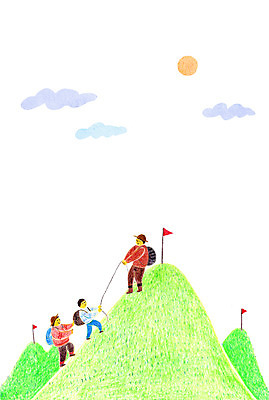 PSD 구름 여자 남자 어린이 줄 일러스트 배낭 성인 세명 태양 등산 자녀 깃발 정상 학부모 산정상 국내일러스트 자연요소 가방 사람 부모 트래킹 파일형식