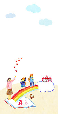 PSD 구름 알파벳 여자 남자 어린이 무지개 일러스트 학교 성인 책 세명 자녀 하트 등교 학부모 국내일러스트 자연요소 모양 영어 교육 사람 부모 등하교 파일형식