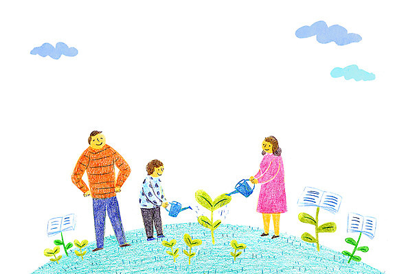 PSD 구름 여자 남자 어린이 일러스트 성인 책 새싹 물뿌리개 자녀 물주기 학부모 국내일러스트 자연요소 식물 모션 사람 부모 파일형식