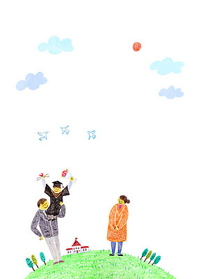 PSD 나무 구름 여자 남자 어린이 꽃다발 일러스트 학사모 졸업 학교 졸업생 성인 세명 태양 자녀 졸업가운 졸업장 학부모 국내일러스트 자연요소 식물 모자_잡화 교육 꽃 사람 부모 가운 파일형식