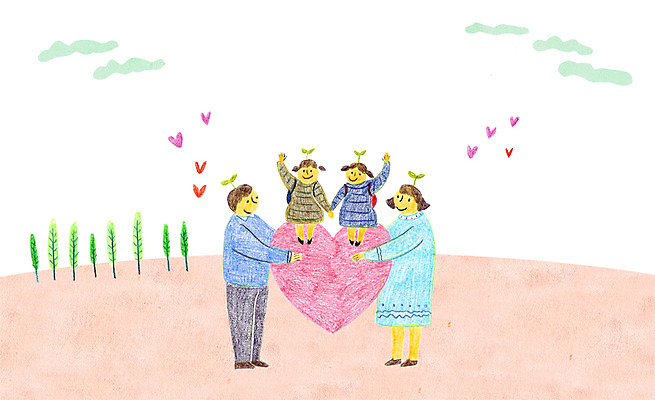 PSD 나무 구름 여자 남자 어린이 일러스트 여러명 성인 자녀 하트 학부모 국내일러스트 자연요소 모양 식물 다수 사람 부모 파일형식