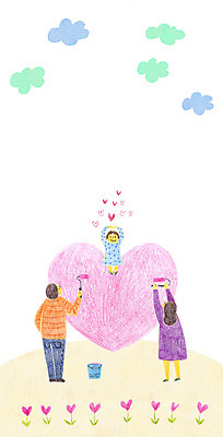 PSD 구름 여자 남자 어린이 일러스트 성인 세명 자녀 하트 페인트칠 페인트통 페인트롤러 학부모 국내일러스트 자연요소 모양 페인팅 통 사람 부모 페인트 파일형식