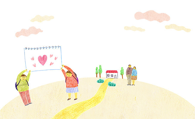 PSD 나무 구름 여자 남자 길 어린이 일러스트 주택 여러명 성인 자녀 하트 스케치북 학부모 국내일러스트 자연요소 모양 식물 다수 학용품 사람 건물 부모 파일형식