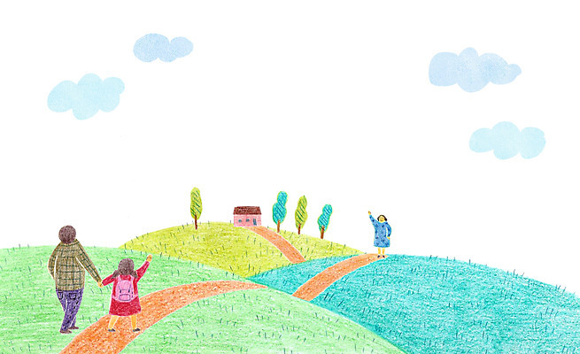 PSD 나무 구름 여자 남자 길 어린이 일러스트 주택 책가방 성인 세명 자녀 학부모 마중 하교길 국내일러스트 자연요소 식물 가방 사람 건물 부모 하교 파일형식