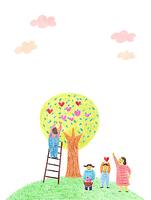 PSD 나무 구름 여자 남자 어린이 일러스트 사다리 여러명 성인 바구니 자녀 하트 학부모 국내일러스트 자연요소 모양 식물 다수 사람 부모 도구 파일형식