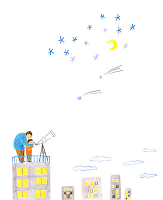 PSD 구름 남자 어린이 일러스트 밤하늘 빌딩 성인 두명 망원경 달 자녀 유성 학부모 국내일러스트 자연요소 하늘 사람 건물 부모 야간 파일형식