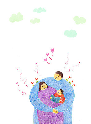 PSD 구름 여자 남자 어린이 일러스트 안기 가족애 성인 책 세명 독서 자녀 하트 학부모 국내일러스트 자연요소 모양 모션 사랑 사람 부모 파일형식