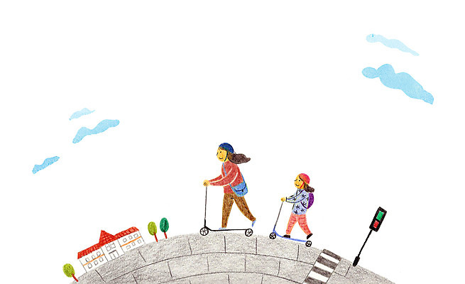 PSD 나무 구름 여자 어린이 가방 일러스트 학교 성인 두명 자녀 횡단보도 헬멧 신호등 등교 학부모 스쿨존 퀵보드 국내일러스트 자연요소 식물 잡화 교육 교통수단 사람 부모 보행로 보호장비 등하교 파일형식