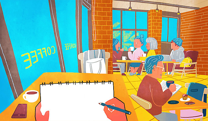 PSD 여자 남자 커피 의자 일러스트 조명 거리 실내 여러명 성인 스마트폰 소파 연필 카페 커피잔 창가 스케치북 머핀 1인칭시점 국내일러스트 시선 음료 빵 가구 다수 창문 학용품 잔 사람 내부 핸드폰 스마트기기 필기구 상점 파일형식