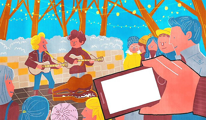 PSD 나무 여자 남자 연주 일러스트 조명 거리 여러명 성인 야외 스마트폰 기타 길거리공연 1인칭시점 국내일러스트 식물 시선 음악 다수 현악기 사람 핸드폰 스마트기기 공연 파일형식