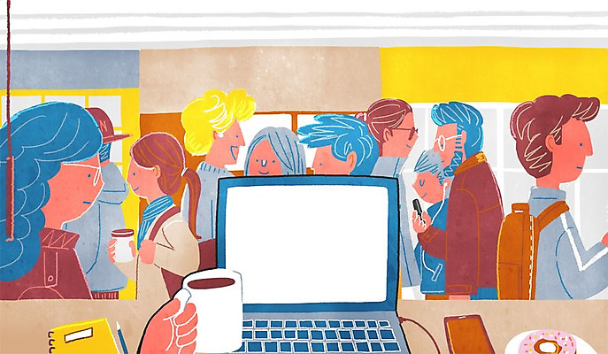 PSD 여자 남자 커피 일러스트 여러명 성인 노트북 스마트폰 연필 공책 카페 보행자 도넛 커피잔 창가 1인칭시점 국내일러스트 시선 음료 다수 창문 문구용품 학용품 디저트 잔 사람 전자제품 핸드폰 스마트기기 필기구 상점 파일형식