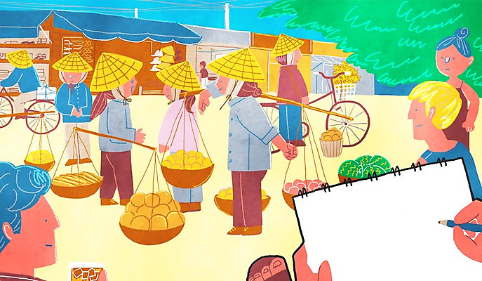 PSD 모자 여자 남자 해외여행 일러스트 거리 저울 여러명 성인 야외 연필 상점 자전거 스케치북 베트남 1인칭시점 국내일러스트 해외 시선 잡화 여행 다수 학용품 사람 필기구 바이크 동남아시아 파일형식