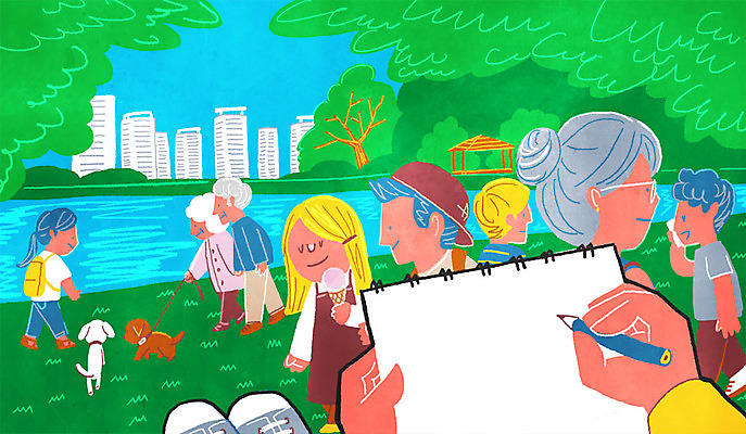 PSD 나무 공원 여자 노년 남자 일러스트 거리 빌딩 여러명 성인 야외 강 연필 강아지 오두막 스케치북 아이스크림콘 1인칭시점 국내일러스트 식물 시선 공공시설 다수 학용품 사람 건물 반려동물 필기구 개 콘 파일형식