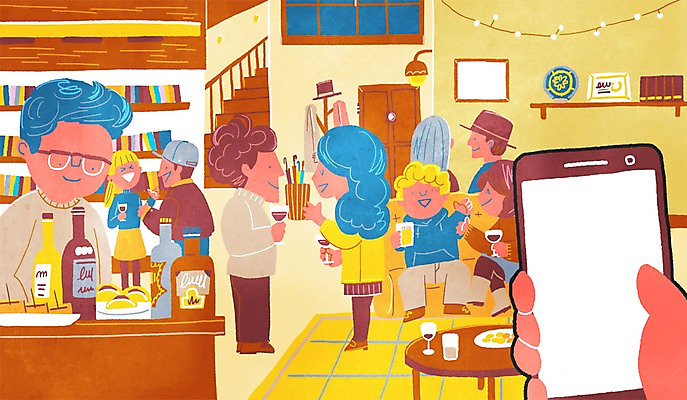 PSD 여자 남자 액자 와인잔 일러스트 창문 술병 집안 선반 실내 여러명 성인 스마트폰 파티 문 계단 1인칭시점 국내일러스트 시선 가구 다수 술잔 병_용기 주류 사람 이벤트 내부 핸드폰 스마트기기 파일형식