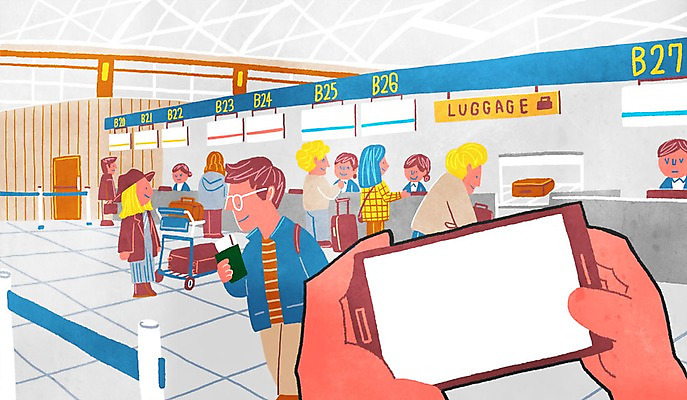 PSD 여자 남자 일러스트 실내 여러명 성인 스마트폰 캐리어 공책 공항 계산대 1인칭시점 국내일러스트 시선 다수 교통시설 문구용품 사람 내부 핸드폰 스마트기기 여행가방 파일형식