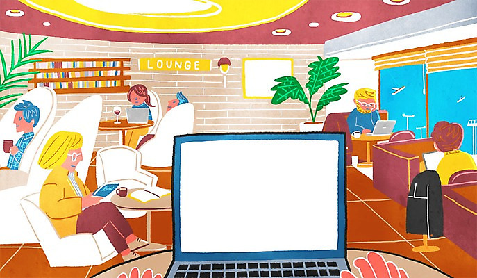 PSD 여자 남자 화분 액자 의자 일러스트 창문 선반 여러명 성인 책 노트북 독서 공항라운지 1인칭시점 국내일러스트 시선 가구 다수 사람 전자제품 라운지 공항 파일형식