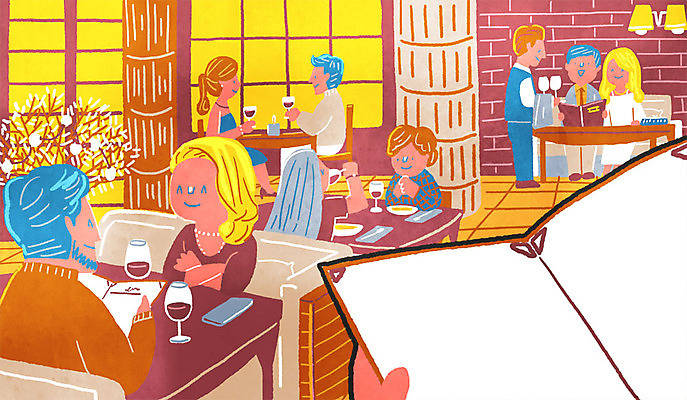 PSD 여자 남자 와인잔 의자 일러스트 창문 탁자 실내 여러명 성인 식당 웨이터 메뉴판 1인칭시점 국내일러스트 직업 시선 가구 다수 술잔 사람 내부 상점 파일형식