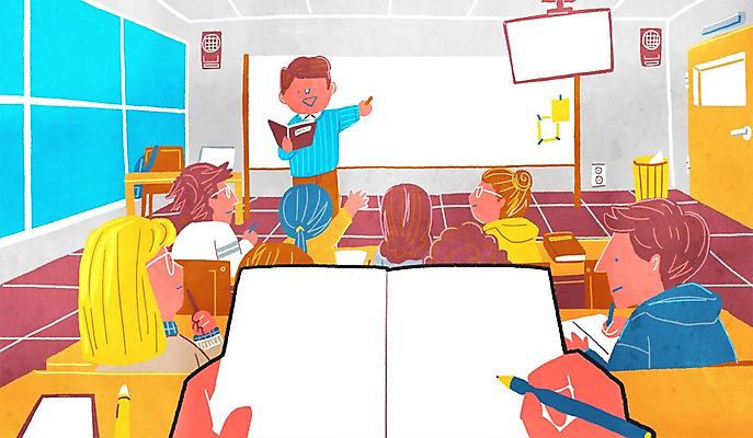 PSD 여자 남자 의자 일러스트 창문 실내 여러명 성인 책 연필 문 공책 스피커 쓰레기통 강의 책상 학원 1인칭시점 국내일러스트 시선 교육 음향기기 가구 다수 문구용품 학용품 사람 내부 필기구 파일형식