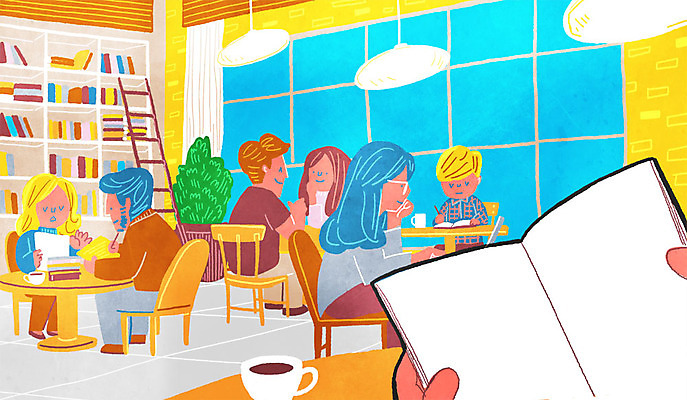 PSD 여자 남자 의자 일러스트 사다리 창문 탁자 조명 책장 실내 여러명 성인 책 독서 카페 커피잔 1인칭시점 국내일러스트 시선 커피 가구 다수 잔 사람 내부 상점 도구 파일형식