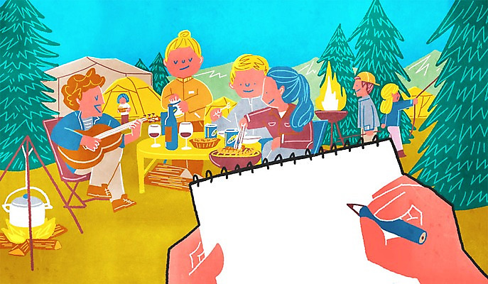 주간 PSD 나무 여자 남자 연주 일러스트 텐트 여러명 성인 야외 연필 캠핑 기타 모닥불 바비큐 캠핑장 스케치북 1인칭시점 국내일러스트 자연요소 식물 시선 음악 음식 다수 불 현악기 레저 학용품 캠핑도구 사람 필기구 파일형식