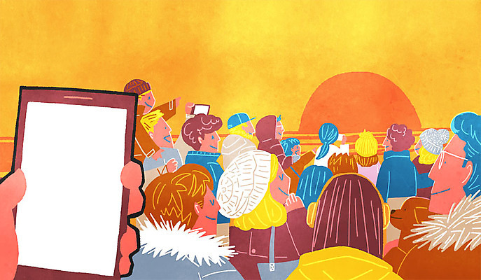 주간 PSD 여자 남자 일러스트 여러명 성인 야외 스마트폰 태양 일출 1인칭시점 국내일러스트 자연요소 시선 다수 사람 핸드폰 스마트기기 노을 파일형식