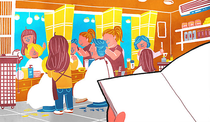 PSD 여자 남자 일러스트 실내 여러명 성인 책 독서 거울 미용실 미용사 1인칭시점 국내일러스트 직업 시선 다수 사람 내부 뷰티샵 파일형식