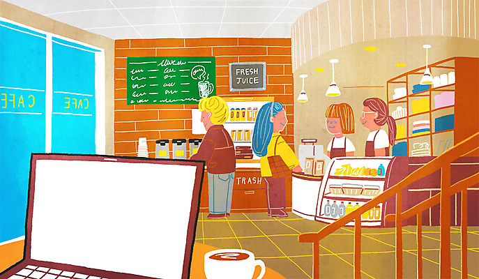 PSD 여자 남자 커피 일러스트 실내 여러명 성인 노트북 문 카페 커피잔 계산대 진열장 메뉴판 1인칭시점 국내일러스트 시선 음료 다수 잔 사람 내부 전자제품 상점 파일형식