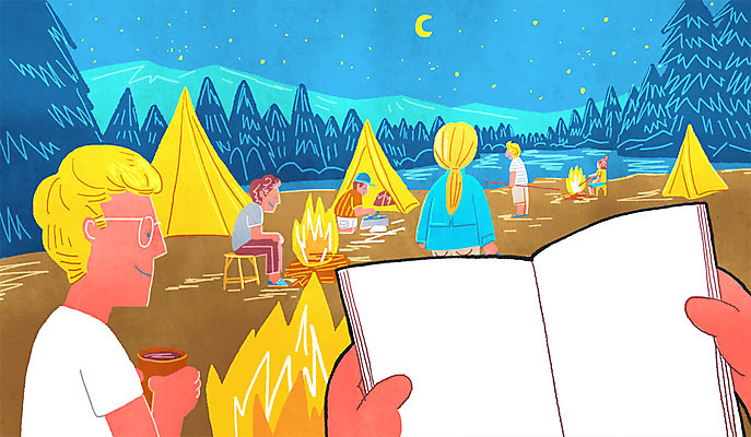 PSD 나무 여자 남자 일러스트 산 텐트 여러명 성인 야외 독서 공책 캠핑 달 야간 모닥불 캠핑장 1인칭시점 국내일러스트 자연요소 식물 시선 다수 불 레저 문구용품 캠핑도구 사람 파일형식