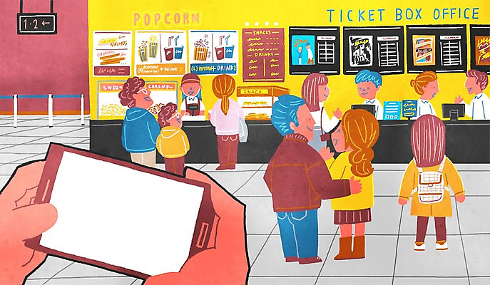 PSD 여자 남자 일러스트 여러명 성인 스마트폰 영화관 계산대 팝콘 영화티켓 티켓팅 1인칭시점 국내일러스트 시선 다수 사람 핸드폰 스마트기기 티켓 극장 영화 파일형식