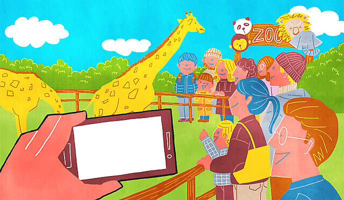 주간 PSD 구름 여자 남자 어린이 일러스트 동물원 여러명 성인 야외 스마트폰 울타리 기린 1인칭시점 국내일러스트 자연요소 시선 다수 포유류 사람 핸드폰 스마트기기 담장 파일형식