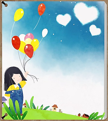PSD 여자 어린이 일러스트 주택 한명 하트 풀잎 멜빵바지 풍선 프레임일러스트 국내일러스트 모양 1 잎 바지 프레임 사람 건물 풀_식물 멜빵 파일형식