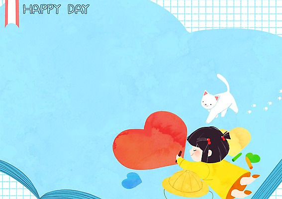 PSD 여자 어린이 일러스트 한명 책 고양이 유치원생 하트 그리기 크레파스 유치원복 유치원모자 프레임일러스트 국내일러스트 모양 모자_잡화 1 옷 포유류 모션 학용품 프레임 사람 반려동물 파일형식