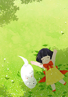 PSD 여자 꽃 리본 어린이 일러스트 한명 초원 눕기 풀잎 강아지 프레임일러스트 국내일러스트 식물 1 잎 모션 프레임 사람 반려동물 풀_식물 개 파일형식