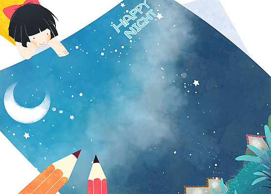 PSD 여자 별 어린이 엎드리기 일러스트 밤하늘 주택 한명 연필 달 풀잎 프레임일러스트 국내일러스트 자연요소 1 잎 모션 하늘 학용품 프레임 사람 건물 필기구 풀_식물 야간 파일형식