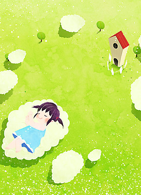 PSD 나무 구름 여자 어린이 일러스트 주택 한명 초원 낮잠 프레임일러스트 국내일러스트 자연요소 식물 1 프레임 사람 건물 잠 파일형식