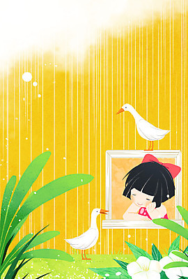 PSD 여자 꽃 리본 어린이 일러스트 조류 한명 풀잎 창가 프레임일러스트 국내일러스트 식물 동물 1 잎 창문 프레임 사람 풀_식물 파일형식