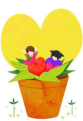 PSD 여자 남자 화분 어린이 일러스트 프레임 두명 새싹 하트 풀잎 프레임일러스트 하트프레임 국내일러스트 모양 식물 잎 사람 풀_식물 파일형식