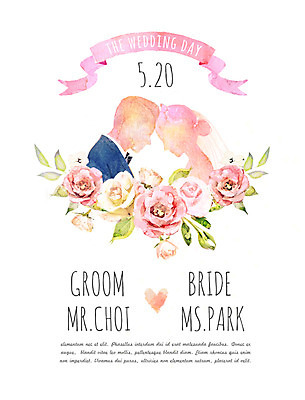 PSD 여자 남자 꽃 신부 신랑 결혼 일러스트 수채화 프레임 성인 두명 장미 라벨 하트 청첩장 국내일러스트 모양 식물 카드_감사 사람 이벤트 파일형식