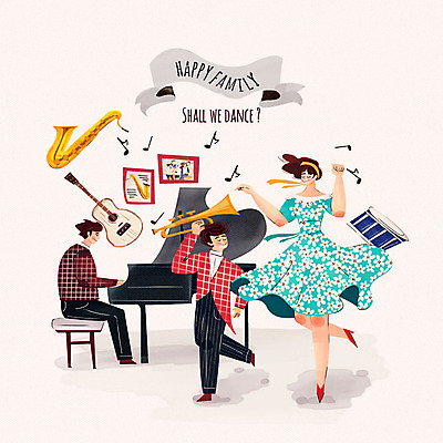 PSD 여자 남자 행복 어린이 악기 연주 음표 일러스트 가족 수채화 성인 세명 화목 기타 춤 건반 피아노 색소폰 북 트럼펫 국내일러스트 기호 감정 음악 컨셉 관계 현악기 문화예술 타악기 사람 건반악기 목관악기 금관악기 파일형식