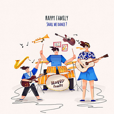 PSD 여자 남자 행복 어린이 연주 음표 일러스트 가족 수채화 성인 세명 화목 기타 밴드 색소폰 드럼 트럼펫 국내일러스트 기호 감정 음악 컨셉 관계 현악기 타악기 사람 목관악기 금관악기 파일형식