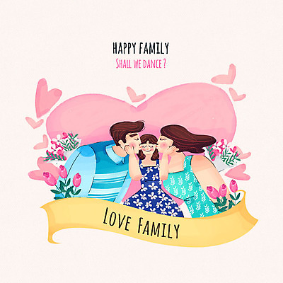 PSD 여자 남자 꽃 행복 어린이 일러스트 가족 수채화 키스 성인 세명 화목 하트 국내일러스트 모양 식물 감정 컨셉 관계 사람 애정표현 파일형식