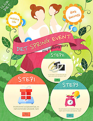 PSD 템플릿 여자 웹템플릿 다이어트 나뭇잎 이벤트페이지 줄자 저울 이벤트 성인 두명 선물상자 운동 아령 체중계 이미지템플릿 잎 자 건강 선물 사람 상자 페이지 파일형식