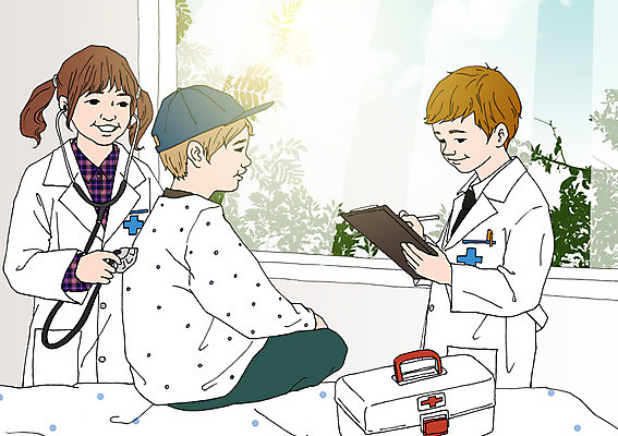 PSD 여자 남자 어린이 일러스트 청진기 실내 세명 의사 의사가운 체험학습 창가 환자복 서류판 의료상자 아트툰 국내일러스트 옷 창문 의료기기 사람 내부 사무용품 환자 의료진 가운 체험 구급상자 그림 파일형식