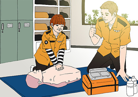 PSD 남자 어린이 일러스트 인체모형 실내 성인 두명 체험학습 구조원 사물함 심폐소생법 심폐소생술 의료상자 아트툰 국내일러스트 직업 사람 내부 모형 체험 구급상자 그림 방법 파일형식